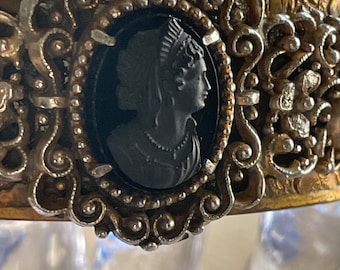VINTAGE CUFF BRACELET, Brass, Black Glass Cameo, Gold Plate, 1940