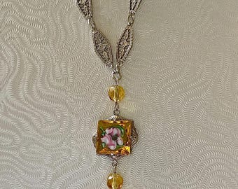 ANTIQUE STERLING NECKLACE, Circa 1920/1930, Sterling Filigree, Czech Art Glass In Sterling Settings, Unique Lavalier Necklace, Rare