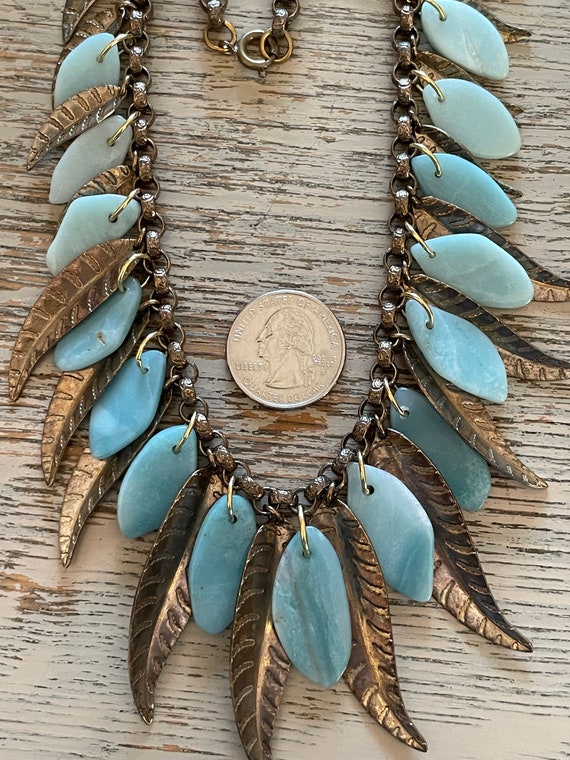 VINTAGE BRASS and STONE Leaf Necklace, 1940s - image 3