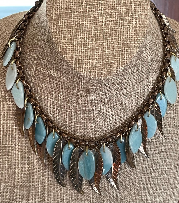 VINTAGE BRASS and STONE Leaf Necklace, 1940s - image 6