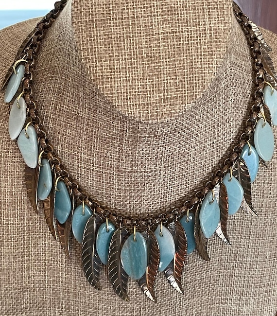 VINTAGE BRASS and STONE Leaf Necklace, 1940s - image 1