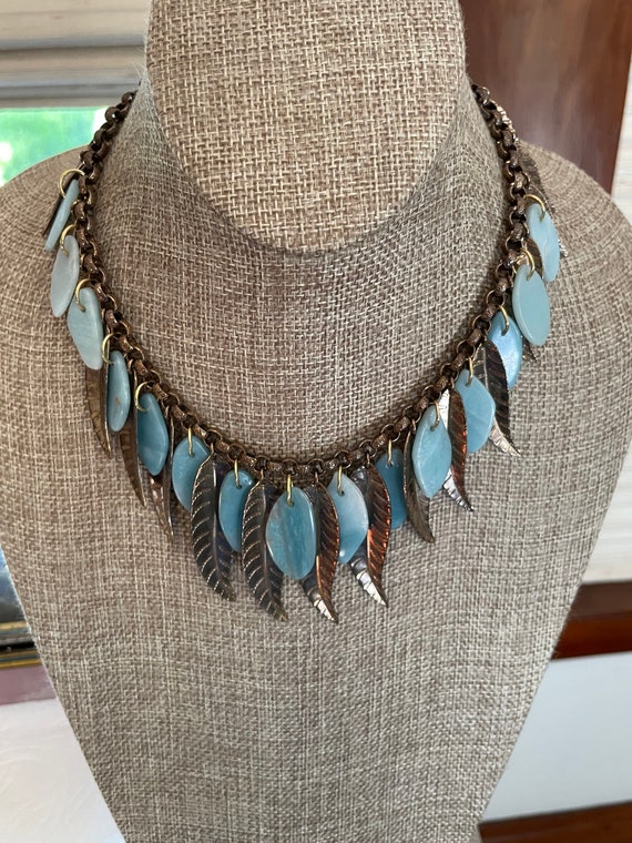 VINTAGE BRASS and STONE Leaf Necklace, 1940s - image 4