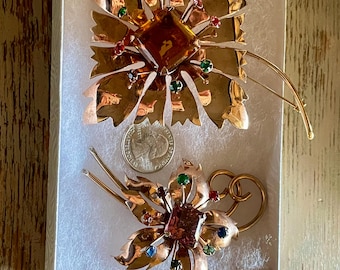 RARE 1940s ART DECO Pair of Brooches, Huge, Heavy Sterling and Rose Gold, Large Czech Glass Center Stones, Open Back