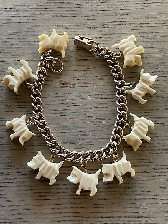 VINTAGE CELLULOID SCOTTIE Dogs Charm Bracelet, Han