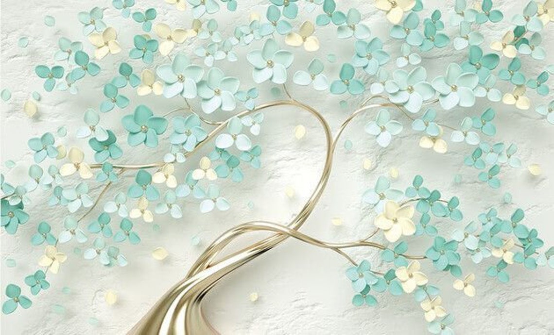 Green and Gold Wallpaper Gold Tree Mural Bedroom Wallpaper Etsy