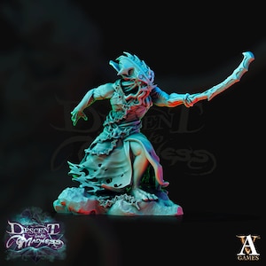 May include: A green and blue painted miniature figure of a creature with tentacles and a sword. The figure is standing on a rocky base. The figure is from the Descent into Madness board game.