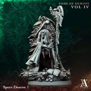 May include: A gray plastic miniature figurine of a demon with a staff and a cloak. The demon is standing on a base with mushrooms and other fungal growths. The text "Tome of Demons Vol IV" and "Spore Deacon 1" are visible in the image.