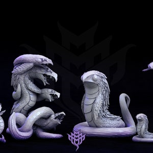 May include: Five gray, 3D printed, snake-like creatures with wings and multiple heads. The creatures are posed in different positions, some with their wings spread out and others with their heads raised.