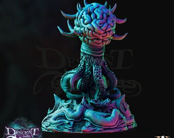 May include: A teal and purple painted miniature of a brain-like creature with tentacles and spikes. The creature is standing on a base with a swirling pattern. The miniature is from the game Descent: Into Madness.