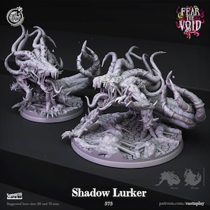 May include: A 3D printed miniature of a Shadow Lurker, a creature with multiple tentacles and a gaping maw. The miniature is painted in a grey color and is posed in a menacing stance. The miniature is part of the "Fear the Void" series and is designed for tabletop gaming.