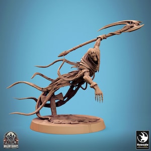 May include: A detailed, brown, skeletal figure with a hooded cloak and a scythe, posed in mid-air. The figure is surrounded by wispy, translucent tendrils. The figure is standing on a circular base with a cracked, stone-like surface.