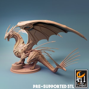May include: A beige, mechanical dragon sculpture with intricate details, including articulated wings and a segmented tail. The dragon is posed on a circular base. The text "PRE-SUPPORTED STL" and a logo are visible at the bottom.