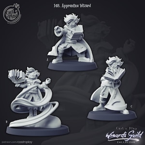 May include: A 3D printed miniature of a wizard apprentice holding a book. The miniature is in a standing pose with a flowing robe and a pointed hat. The miniature is painted in a light gray color.
