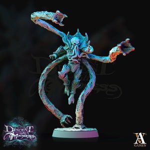 May include: A blue and green detailed miniature of a creature with multiple tentacles and a skull-like head. The creature is standing on a round base. The miniature is from the Descent into Madness game.