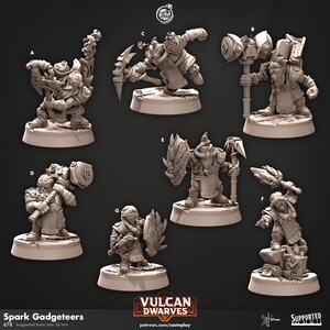 May include: Seven 3D printed miniature figurines of dwarves, each with a different pose and weapon, including a hammer, pickaxe, and shield. The miniatures are painted in a light gray color and are ready to be painted.