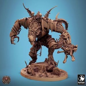 May include: A detailed skeletal creature with multiple skulls and bones, standing on a base with swords and a tombstone. The creature is made of a brown, clay-like material.