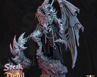 May include: A detailed, gray and silver painted miniature of a demon with wings, holding a large sword. The demon is standing on a rocky base with skulls and bones. The miniature is part of the "Speak of the Devil Act 1" game.