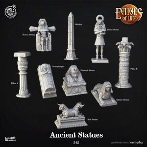 May include: A set of 10 miniature statues of ancient Egyptian figures, including a sphinx, a bull, a pharaoh, and a sarcophagus. The statues are made of a light gray plastic and are detailed with hieroglyphics and other decorative elements. The statues are arranged on a black background with the text "Ancient Statues" and "542" printed below.