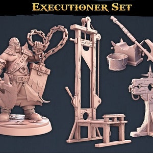 May include: A set of three medieval torture devices, including a guillotine, a pillory, and a figure of an executioner holding a chain and axe. The set is made of a light brown material and is designed for tabletop gaming.