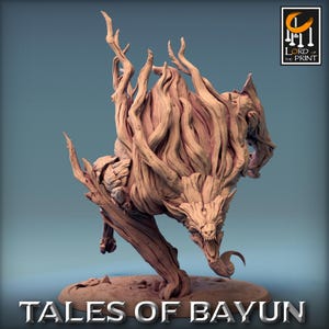 May include: A detailed sculpture of a creature with a wolf-like head and a body made of wood. The sculpture has a light brown color and is posed in a dynamic stance. The text "TALES OF BAYUN" is at the bottom.