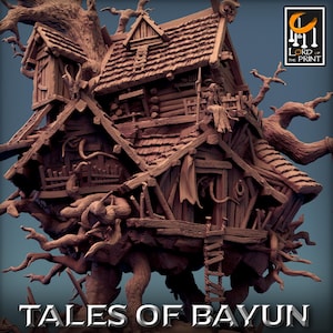 May include: A detailed miniature of a wooden treehouse with a thatched roof, built on the branches of a gnarled tree. The treehouse has multiple levels and windows, and a ladder leads up to the top level. The miniature is painted in shades of brown and beige, and the text "Tales of Bayun" is printed on the base.