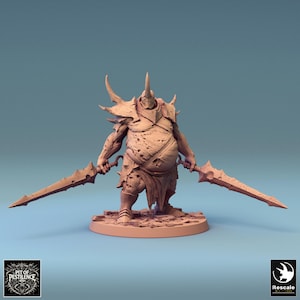 May include: A detailed, unpainted miniature figure of a grotesque warrior, holding two large swords. The figure has a horned helmet, spiky shoulder armor, and a tattered loincloth. The base has the text "Pit of Pestilence" and the Rescale logo.
