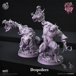 May include: Two detailed, gray, 3D printed miniature figures of monstrous creatures with tentacles and sharp teeth. The figures are labeled A and B. The text "Despoilers 576" is printed below the figures. The text "FEAR THE VOID" is printed in the upper right corner of the image.