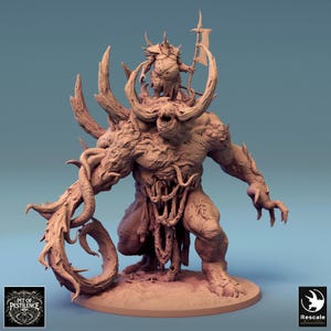 May include: A detailed miniature of a monstrous, fleshy creature with a smaller figure riding on its back. The creature has a large, gaping maw, horns, and multiple appendages. The miniature is painted in shades of brown and grey.