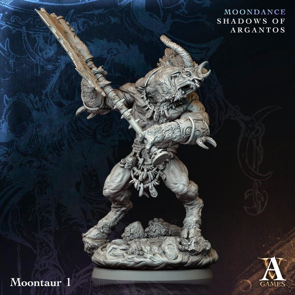May include: A gray, detailed miniature figurine of a minotaur wielding a large sword. The figurine is posed in a dynamic stance, with the minotaur's head turned to the side and its sword raised above its head. The figurine is set against a dark blue background.