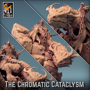 May include: A 3D printed miniature of a dragon rider, a figure in black armor riding a large, reptilian creature with horns and spikes. The miniature is painted in a light brown color and is set against a blue background. The text "The Chromatic Cataclysm" is printed below the miniature.