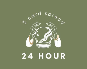 May include: A white illustration of two hands holding a crystal ball with stars inside. The text "3 card spread 24 HOUR" is below the image.