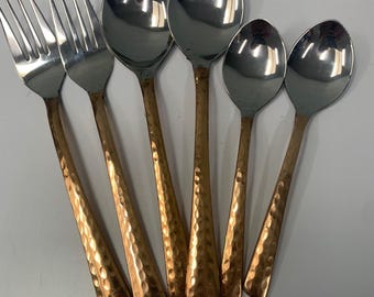 Stainless steel silverware set of 6 pieces, 2 table spoons, 2 teaspoons, 2 forks copper clad handles