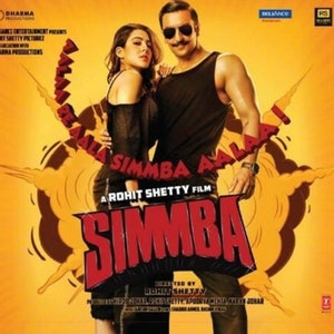 May include: A movie poster for the film "Simmba" featuring two actors. The poster is yellow with a red and white explosion in the background. The title of the film is in large red letters. The actors are dressed in casual clothing and are smiling.