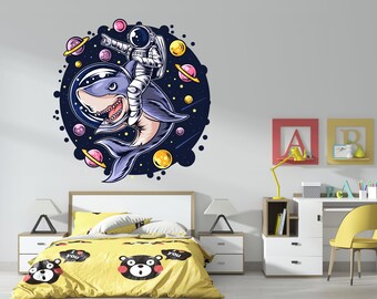 Astronaut Shark Wall Decal Outer Space Wall Decor for Kids Bedroom Astronaut Wall Art A11