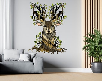 Hirsch Wandtattoo | Buntes Wandtattoo | Schöne Hirsch Wandaufkleber für Schlafzimmer | Dekor Wohnzimmer Natur Wild Abziehbild Tier Abziehbild 402CH