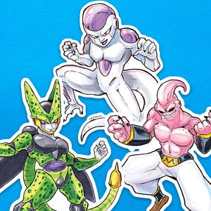 May include: Three anime character stickers on a blue background. The characters are Cell, Frieza, and Majin Buu. Cell is green and black, Frieza is white and purple, and Majin Buu is pink and white. The stickers are from the "Craft Store".