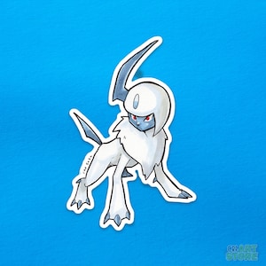 May include: A white and blue cartoon illustration of a Pokemon character, a white, furry creature with a blue horn and a white helmet. The character has red eyes and a blue, pointed tail.