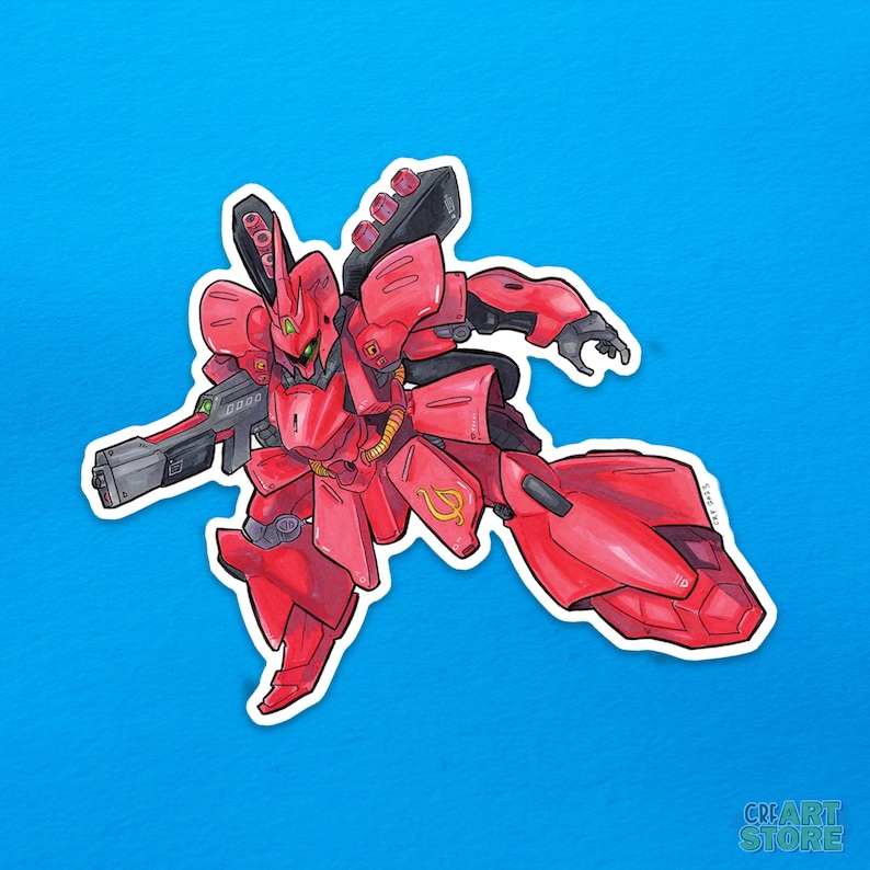 May include: A red and black robot sticker with a gun, set against a blue background. The robot has a detailed design with a stylized appearance. The sticker has a white border and the text "CREART STORE" is visible.