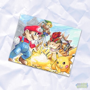 May include: A hand-drawn illustration of Mario, Link, Bowser, and Pikachu in a battle scene. Mario is in the foreground, wearing his signature red cap and overalls. Link is behind him, holding a sword. Bowser is in the background, breathing fire. Pikachu is in the foreground, looking up at the action.