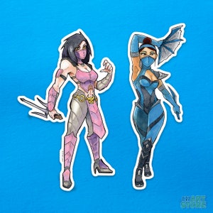 May include: Two female characters from a video game, one in a pink and black outfit with a sword, the other in a blue and black outfit with a blue mask. Both characters are drawn in a cartoon style.