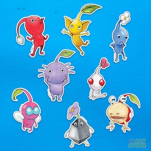 Pikmin : jeu d'autocollants en vinyle Pikmin rouge, jaune, bleu, violet, blanc, volant, rocher, bulbe