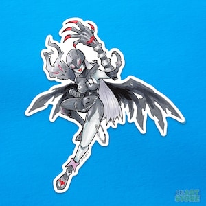 Può includere: Un'illustrazione in bianco e nero di un personaggio femminile con lunghi capelli bianchi, che indossa un abito nero e grigio con catene e un mantello nero. Ha gli occhi rossi e artigli affilati. Il personaggio è in una posa di combattimento.