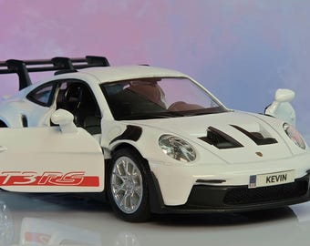 Personalized Porsche GT3 RS White Toy Car: Custom Number Plate Gift