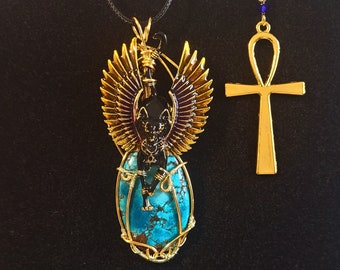 Collana della dea Bastet realizzata con turchese, pendente della dea egiziana in pietra naturale, pendente Bastet, amuleto egiziano, art