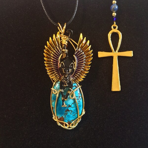 Bastet goddess necklace made with turquoise, natural stone Egyptian goddess pendant, Bastet pendant, Egyptian amulet, art