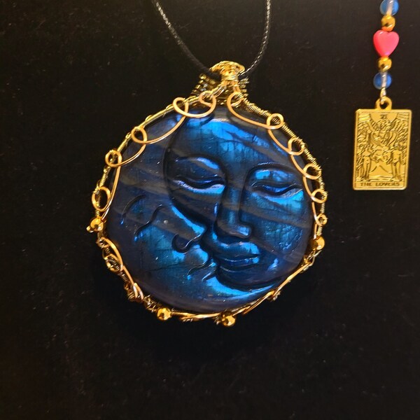 Sun and moon necklace made with a carved labradorite, Alchemical wedding talisman, love pendant, moon and sun pendant, magic