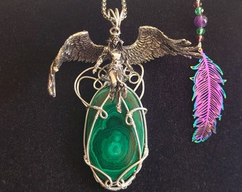 Collana Arcangelo Raffaele realizzata con malachite, supporto per la guarigione, ciondolo Arcangelo Raffaele, collana di angeli in pietra naturale, angelo