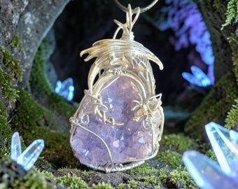 Dragon necklace made with an amethyst, natural stone dragon pendant, designer jewelry, dragon costume jewelry, medieval necklace