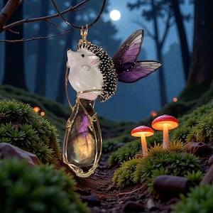 Könnte beinhalten: Eine fantasievolle Anhänger-Halskette mit einem weißen Igel mit schwarzen Stacheln und lila Feenflügeln. Der Igel schwebt über einem tropfenförmigen, irisierenden Edelstein, der in Golddraht gefasst ist. Der Hintergrund ist eine Waldszene.