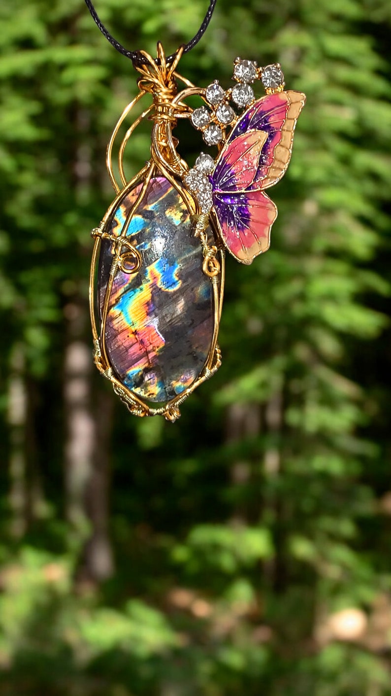 Pink Butterfly Necklace Made With Multicolored Labradorite